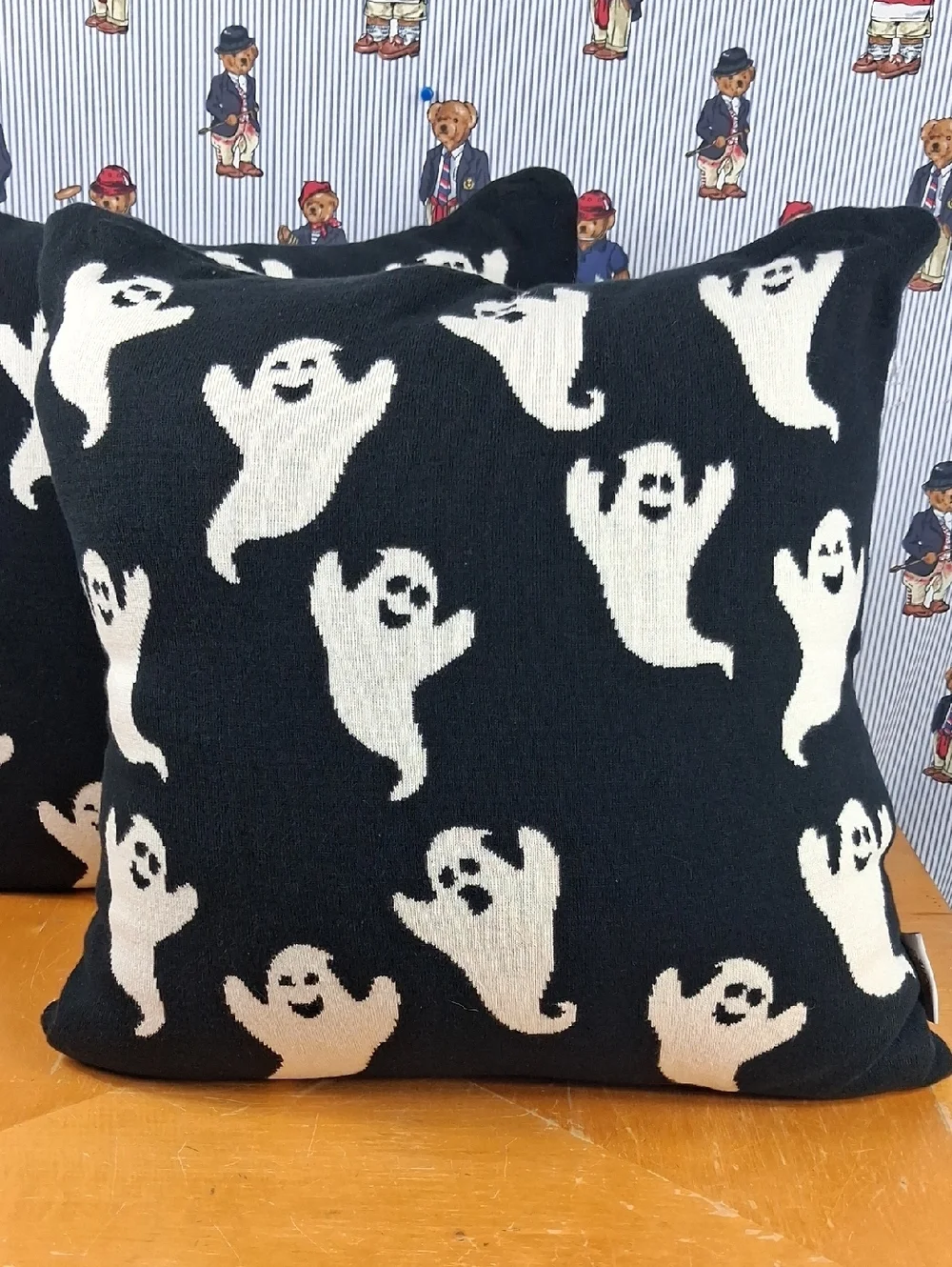 Lot Of 2 Mortar And Bone Mini Ghost Knit Black & White Halloween Throw Pillows